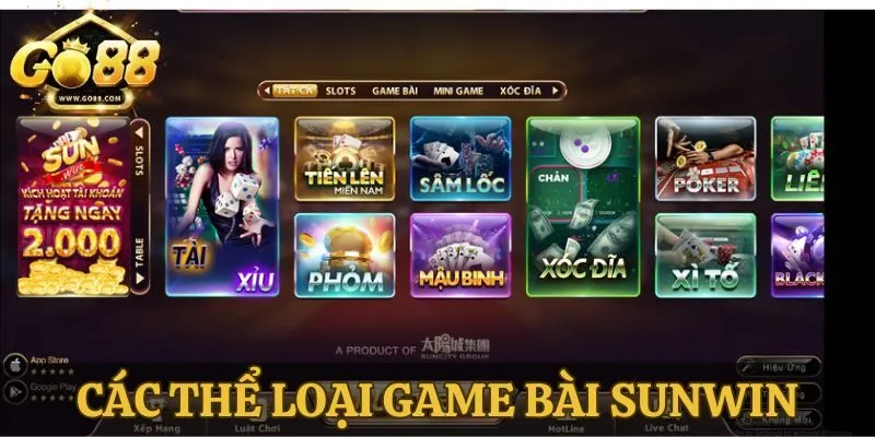 Các thể loại game bài Sunwin hot hit